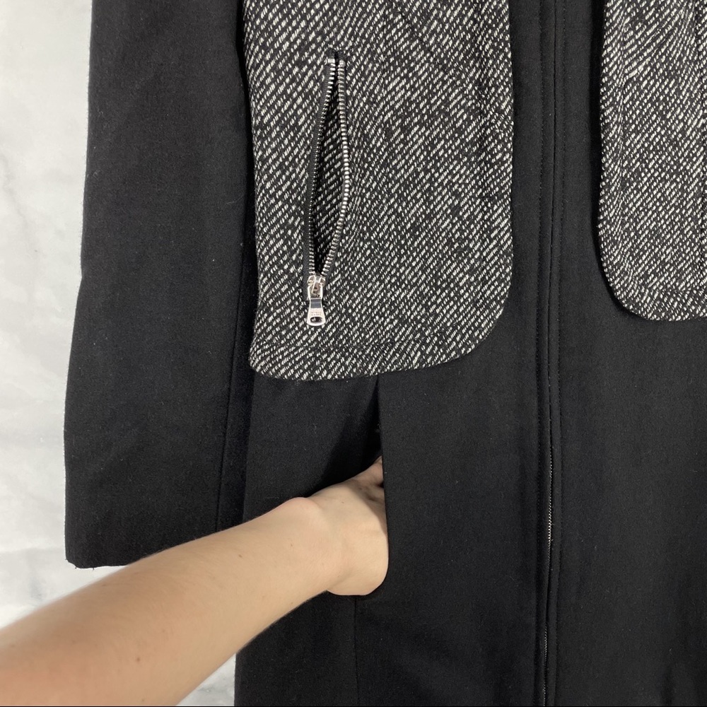 Guess Wool Blend Tweed Moto Zip Pleated Midi Pea Coat Retro Y2K Black Grey M - Picture 3 of 8